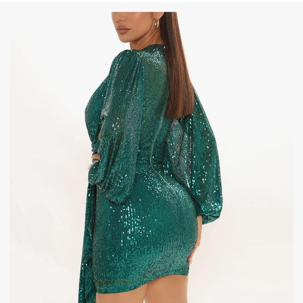 Fashion Nova Teal Sequin Long Sleeve Dress - Picture 4 of 6